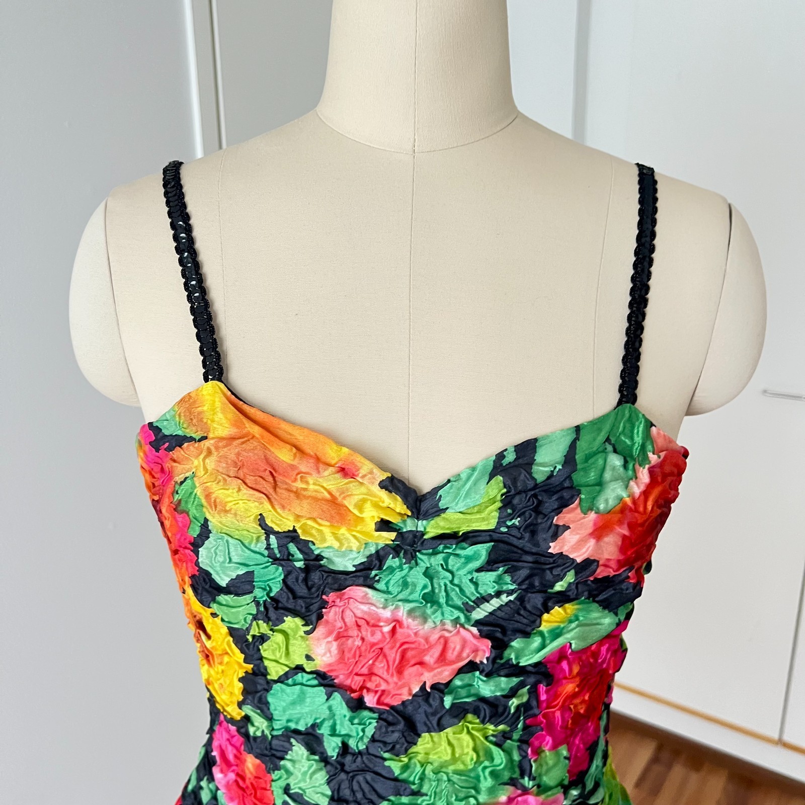 1980s Floral Taffeta Cocktail Party Dress Tiered Retro Prom Evening Gown Retro