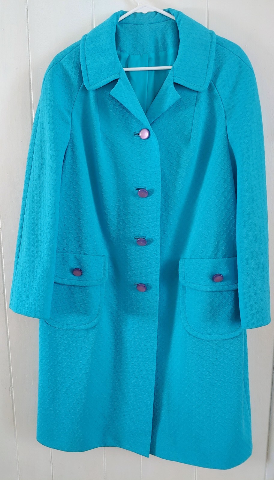 Vtg 60s Carol Brent Teal Mod Swing Coat Mid Century Textured Pea Jacket Sz Lg