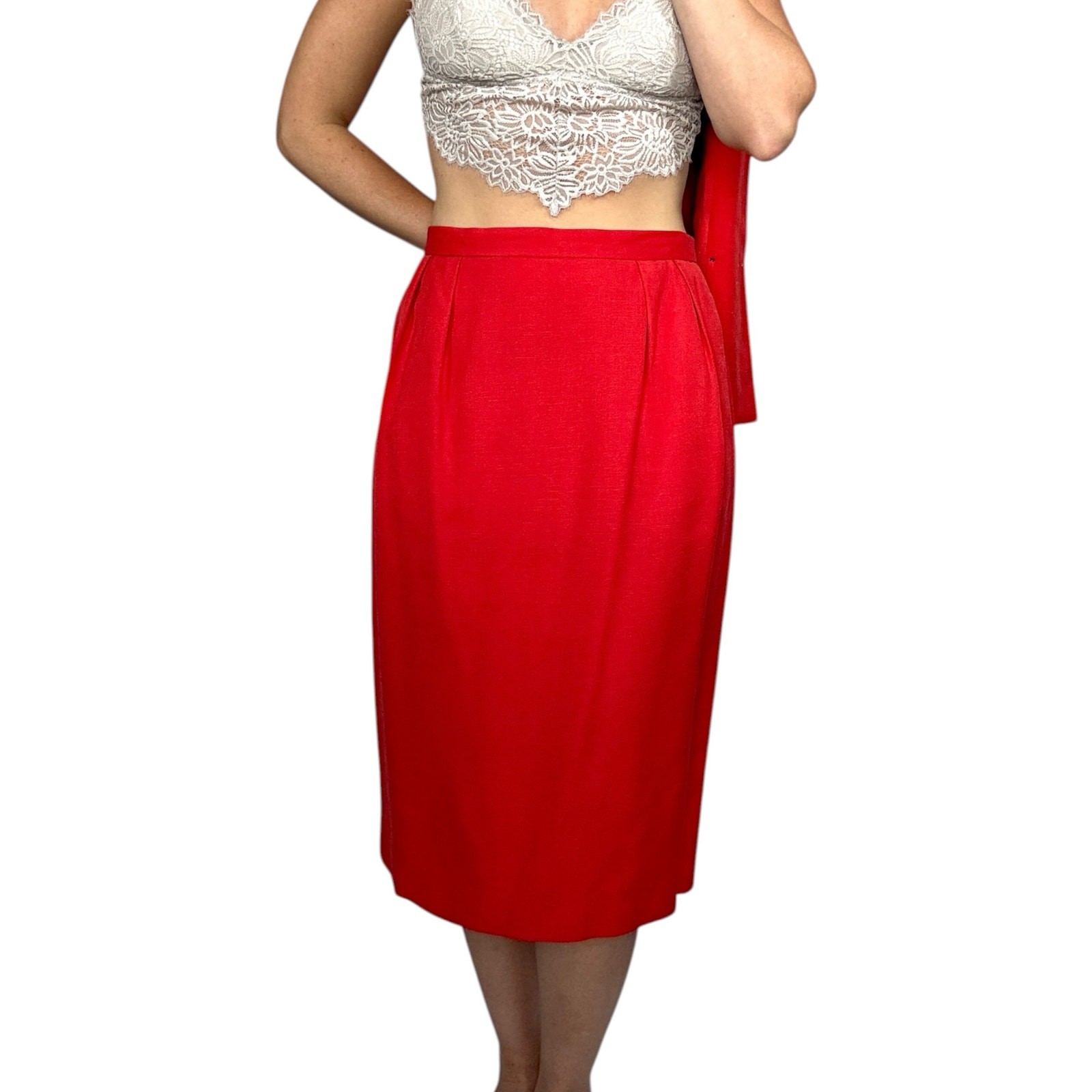 Vintage Christian Dior The Suit Red Rayon Skirt Suit Set 1990s Double Breasted
