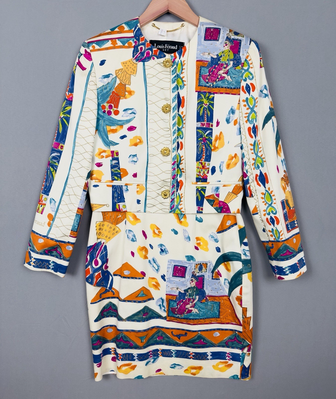 Vintage Louis Féraud Jacket Dress Set Cotton Print 80s 90s