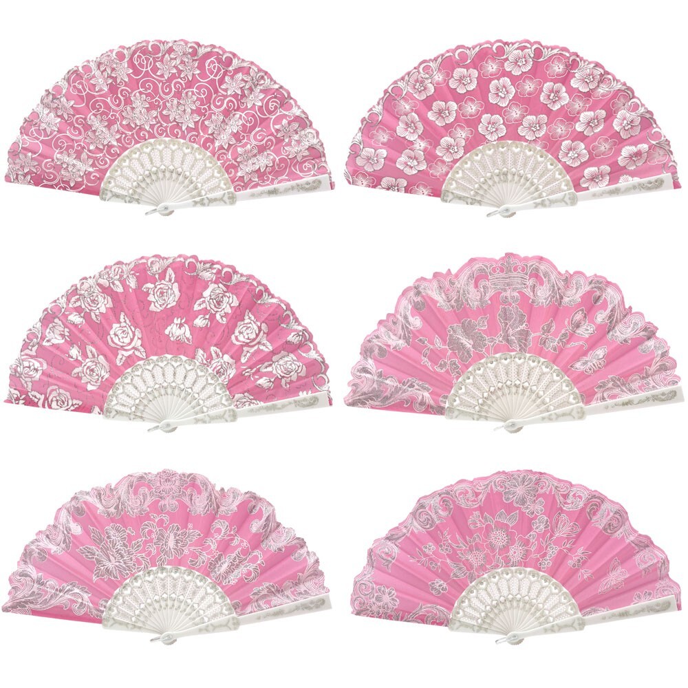 12pc Spanish Style Pink Glitter go w/ Gift bags Wedding Flower Hand Held Fan