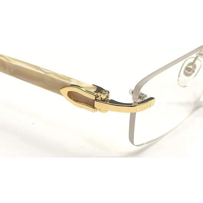 Rimless Eyeglasses Gold Clear Lens Wood Grain Arms Men’s Fashion Hip Hop Lenetes