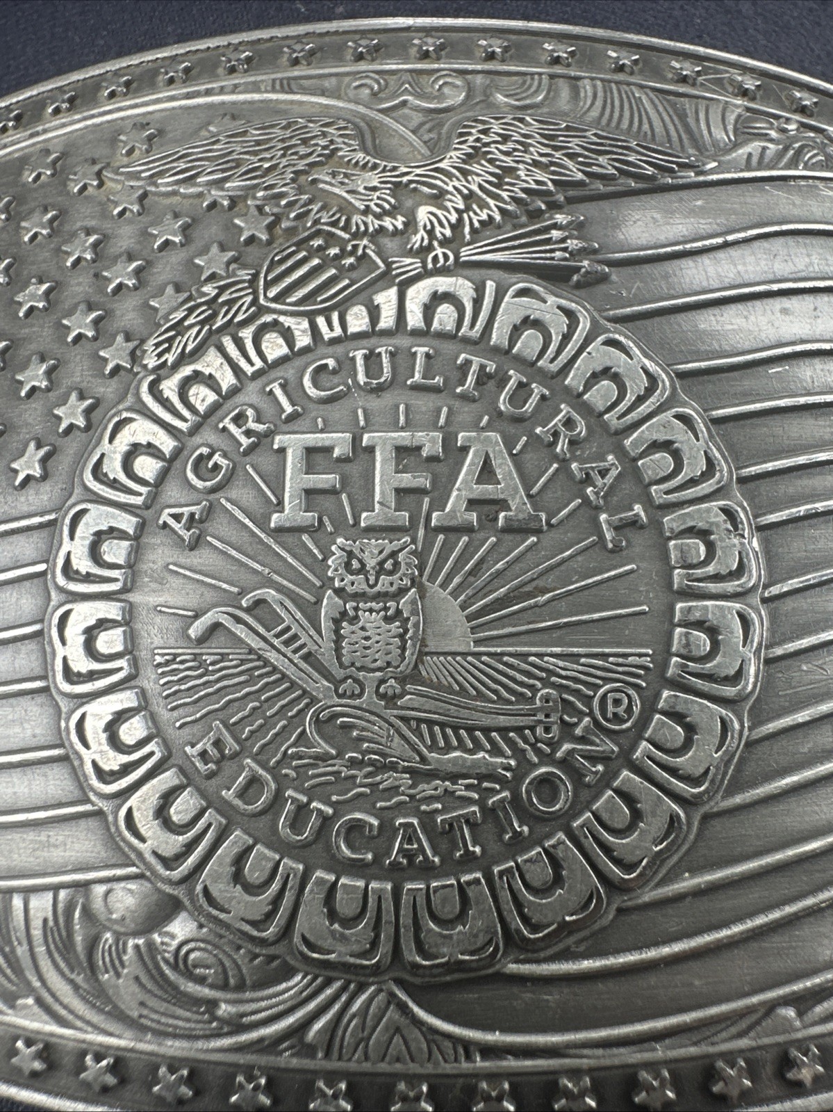 Vintage FFA Agricultural Education Belt Buckle American Flag Pewter Owl Eagle
