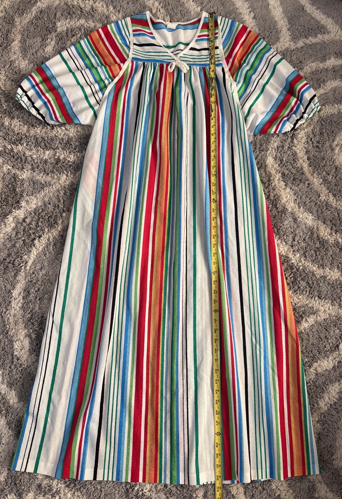 VTG 70s Tiffany Loungewear Rainbow Stripe Terry Cloth Caftan Maxi Dress Robe Lg