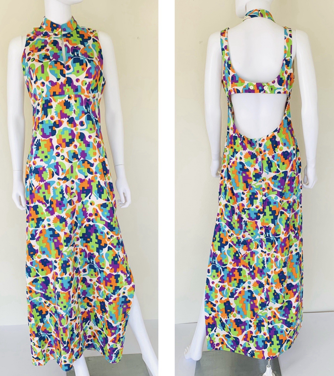 Vintage 1960s Retro MOD Geometric Print Cut Out Back Maxi Dress M/L