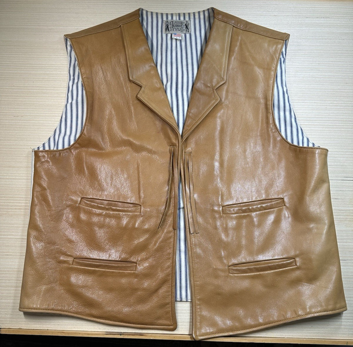 VTG Classic Old West Styles Brown Leather Vest Blue Tic Lining USACowboy Western