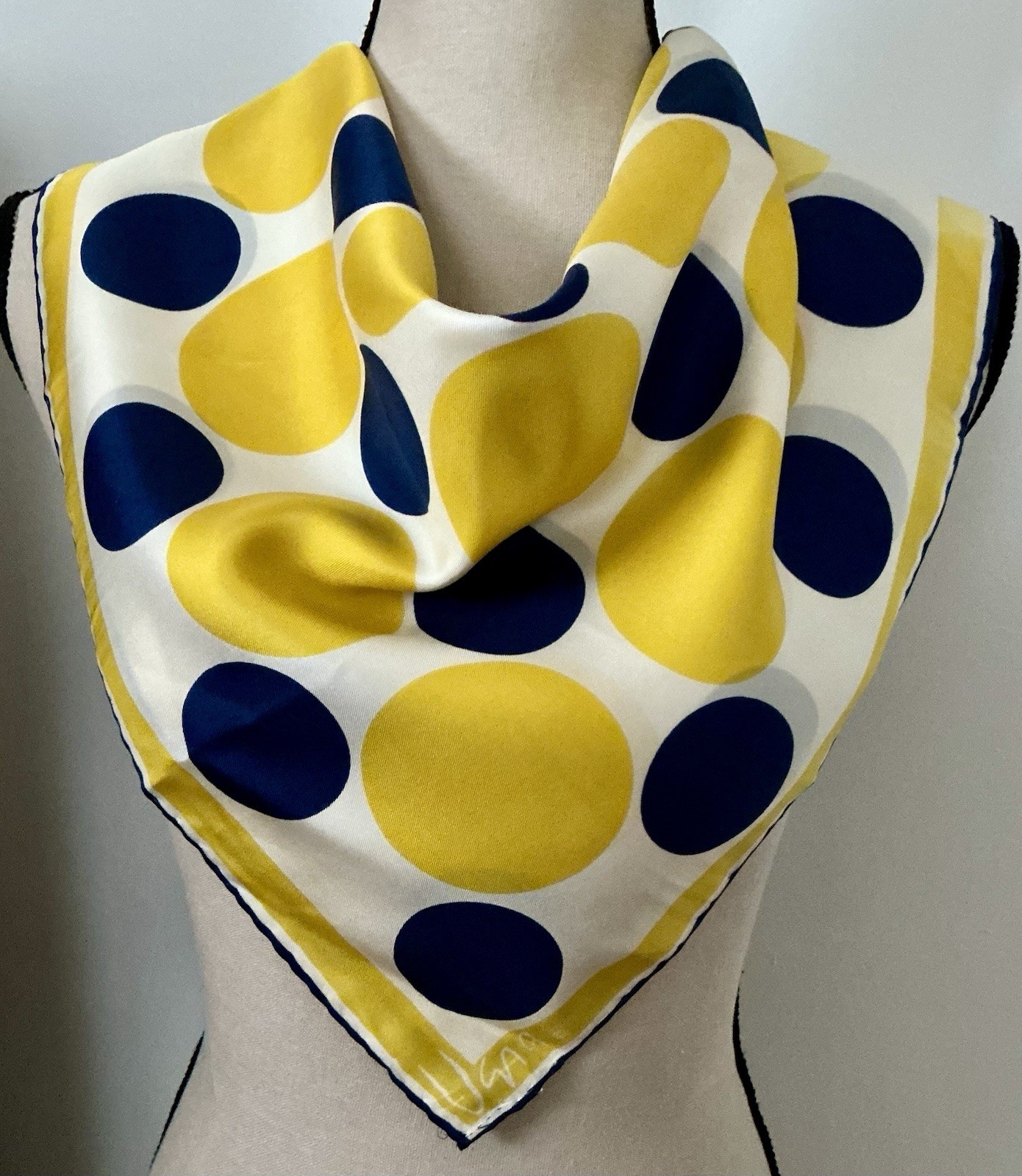 Vintage Scarves By Vera~Navy~Yellow Polka Dots~Silk~Hand Rolled~Japan 23″ Square