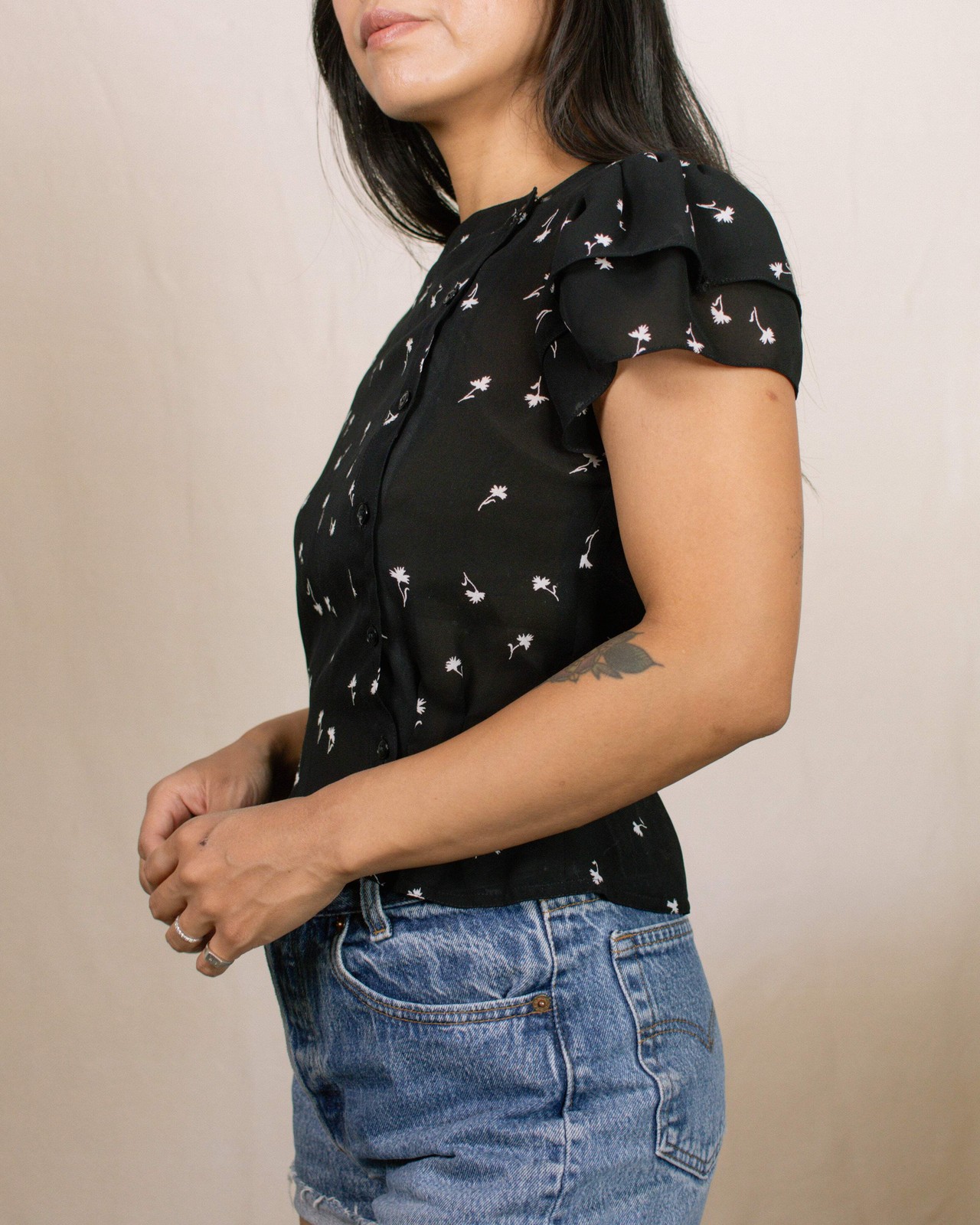 Vintage 70s Black Floral Button Down Blouse | Size XS-S