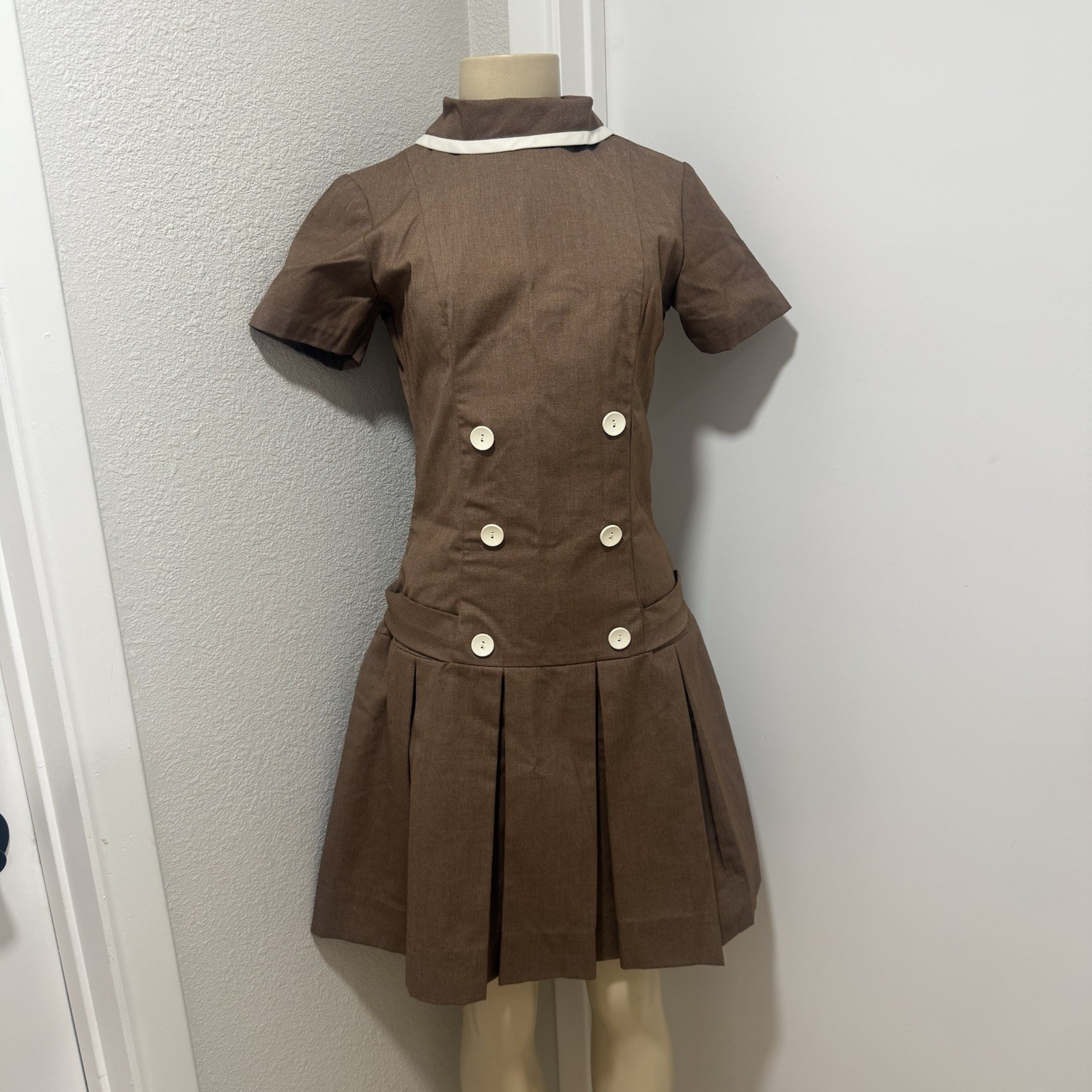 Vintage 60s Mod Style Brown Mini Dress Pleated Handmade Dark Academia Size S