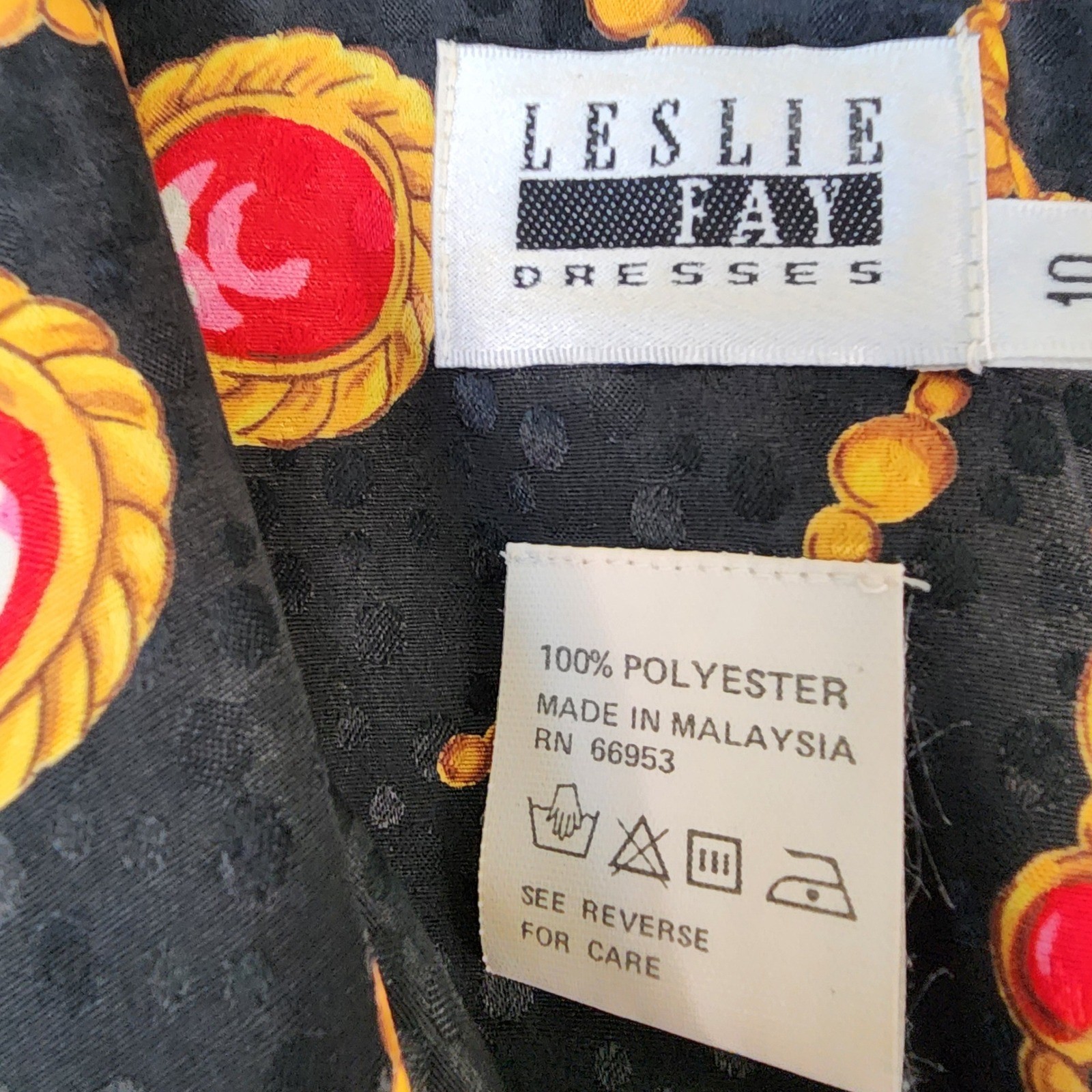 Leslie Fay Skirt Suit Set Womens Size 10 Black Gold Chain Jewel Print Vintage