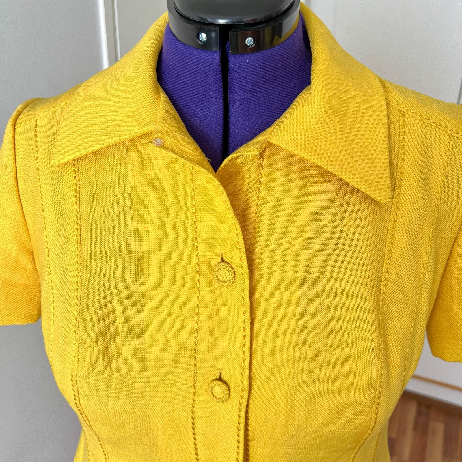 1970s Plus Size Yellow Mod Shirt Dress Button Front Pleated Aline Retro EU 46