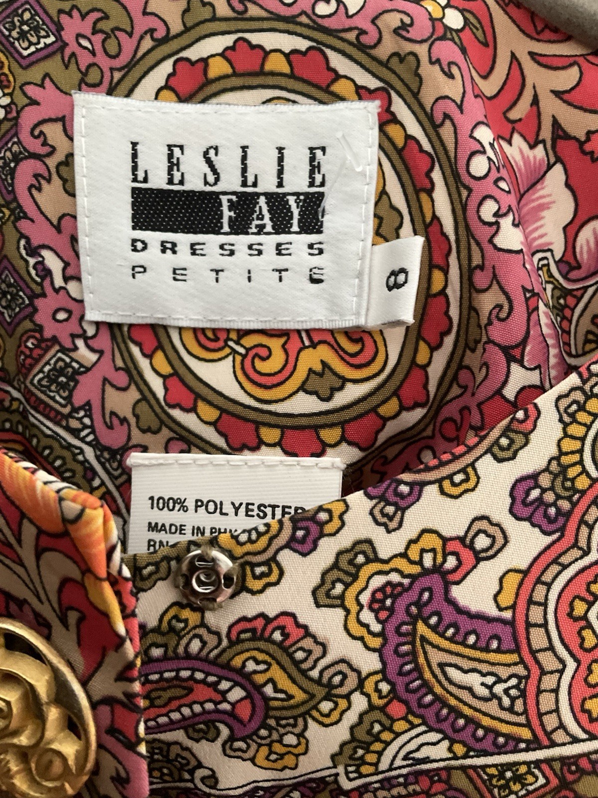 Vintage 80s Leslie Fay Petite Paisley Midi Dress W/Belt Statement Button 8Petite