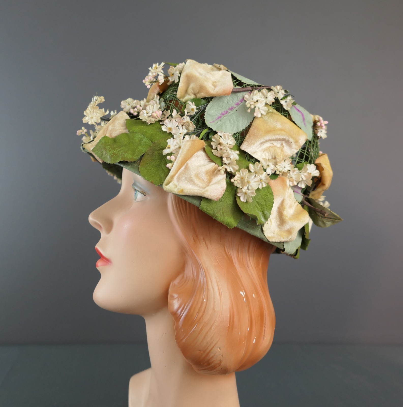 Vintage Green Mesh Hat with Leaves and Tiny Flowers, 1960s 22 inch head