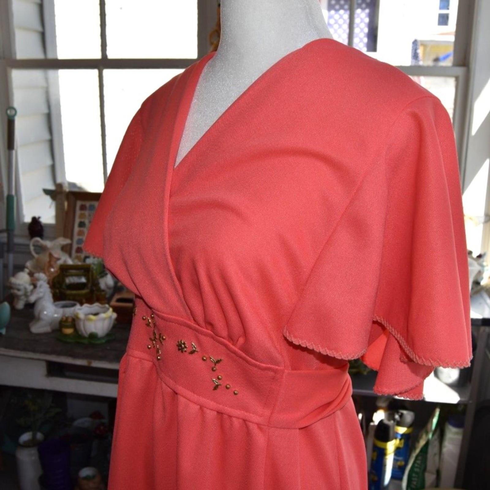 Vintage 70s Coral Hostess Gown Maxi Dress Empire Waist Flutter Sleeve L