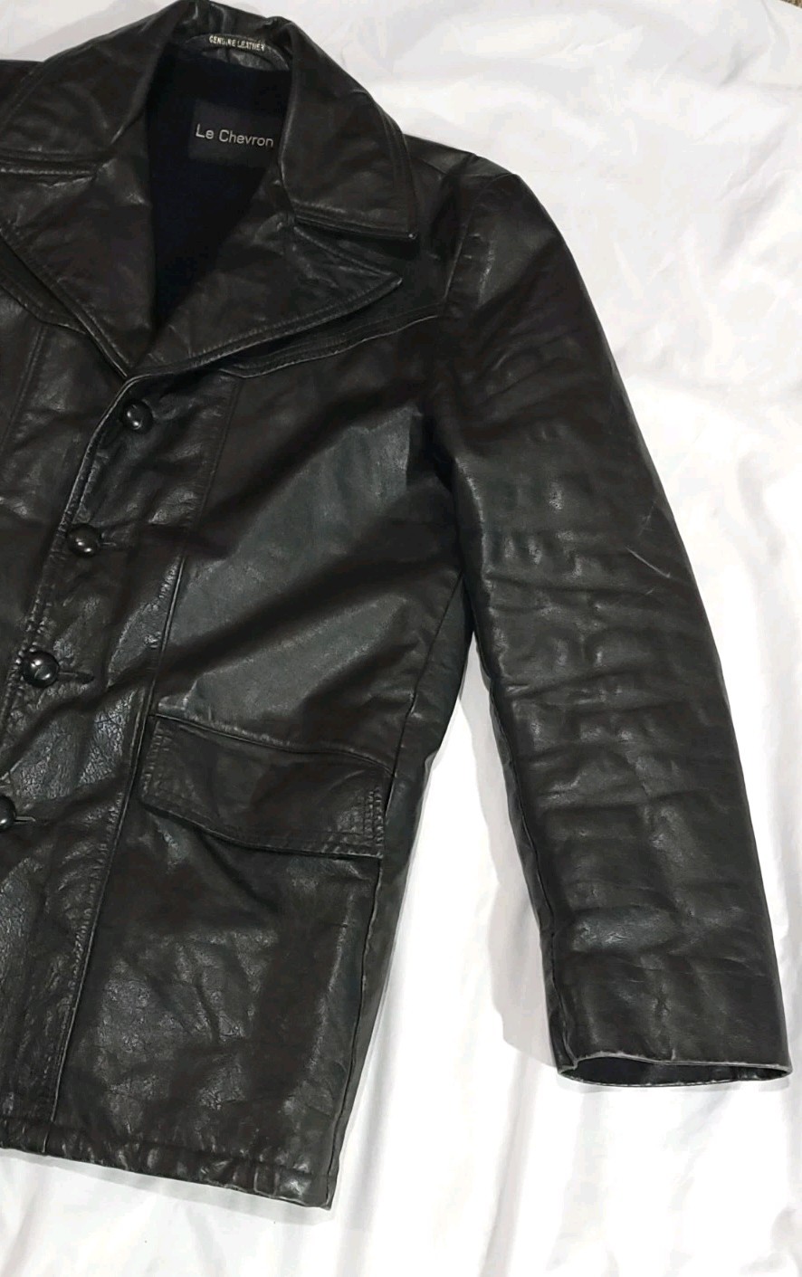 Vtg 70s LE CHEVRON Black Leather Car Coat Jacket Blazer Men’s 36 Slim S 1970s