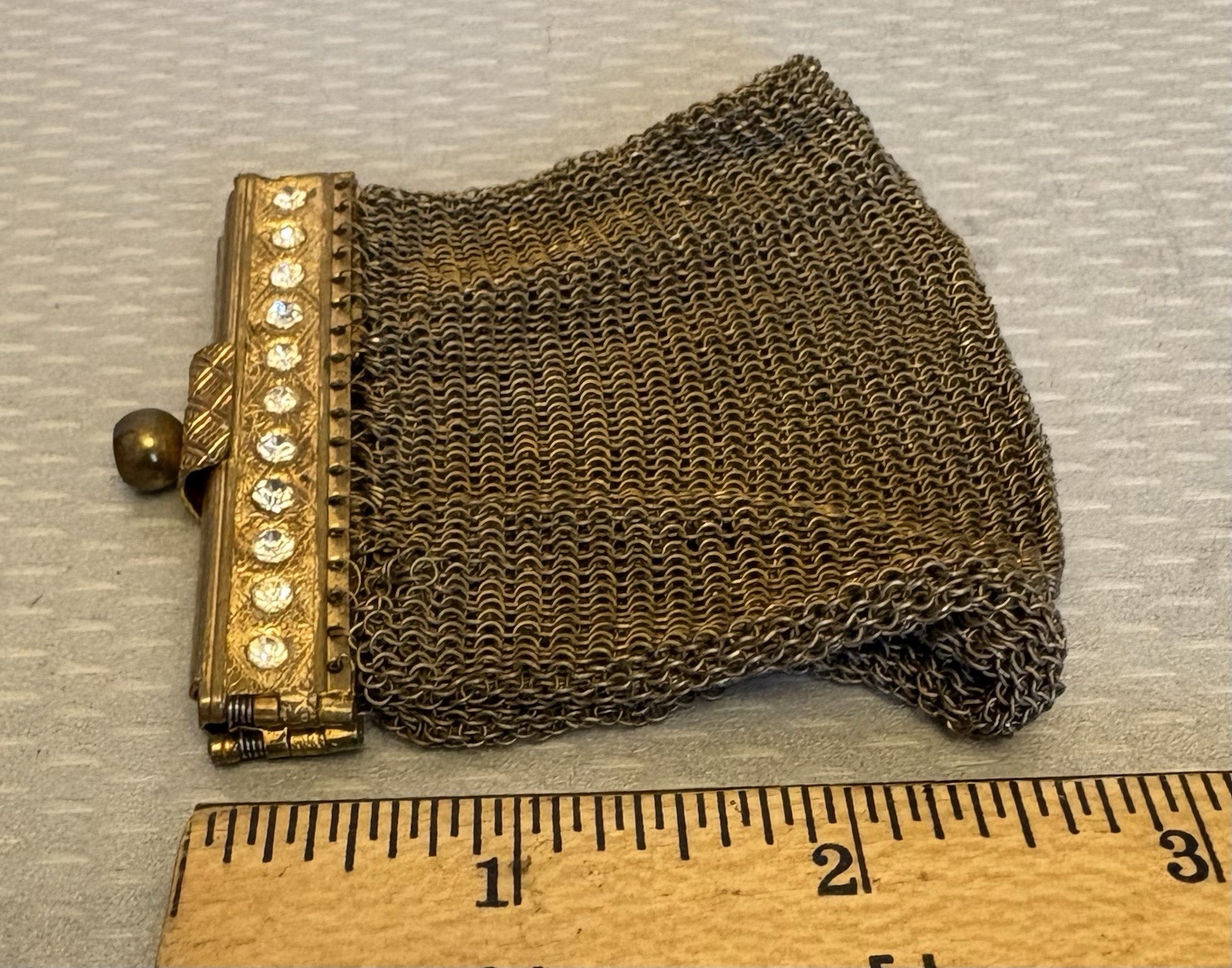 Germany Art Deco Vintage Gold Mesh Coin Purse Rhinestone Frame Expandable Bag 3″