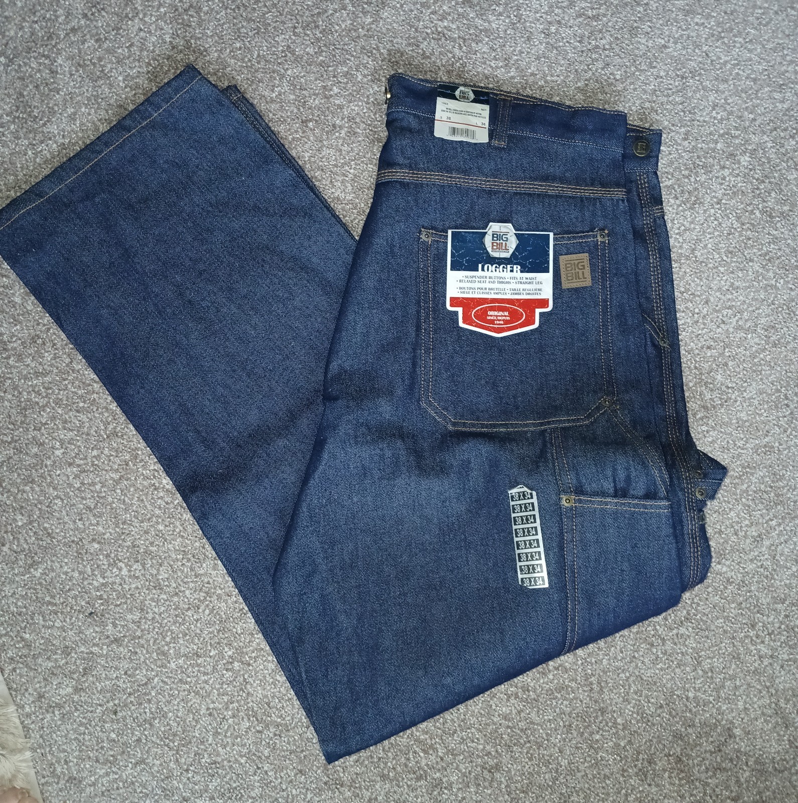 Vtg 1983 BIG BILL LOGGER JEANS! NOS! Suspender Buttons! 38″X 34″ !