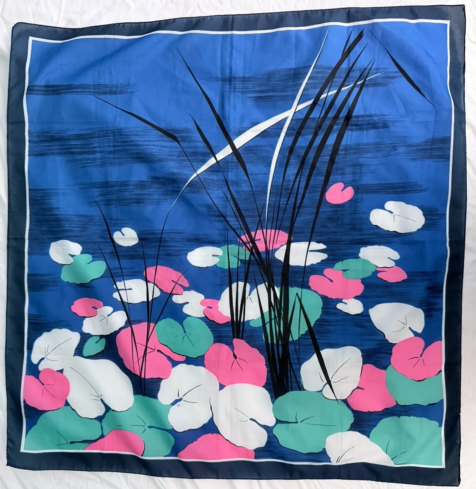 Vintage 70s Satin Blue Lily Pad Meadow Art Retro Accessory 26” Square Neck Scarf