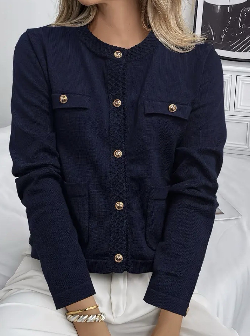 Chic Old Money Style Crew Neck Summer Jacket- NEW Navy Blue W Golden. Buttons