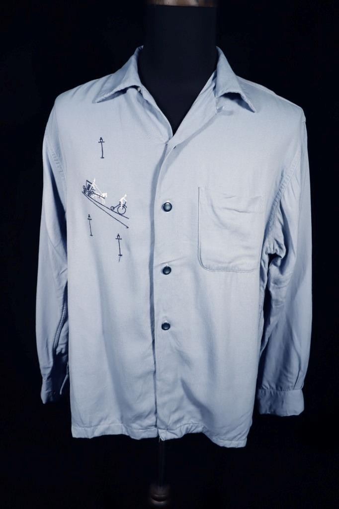 Vintage 1950’s Powder Blue Rayon Embroidered Gabardine Shirt Size Larg Exc Cond