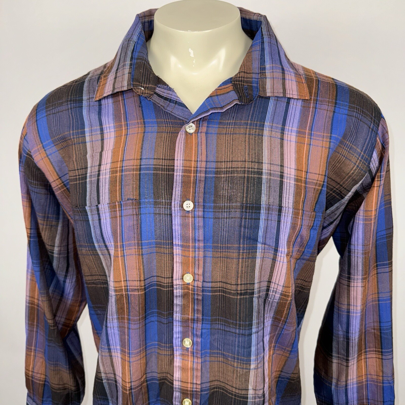 Vtg Sovereign Button Up Shirt Mens 2XL Square Bottom Plaid 60s 70s MCM Mod XXL