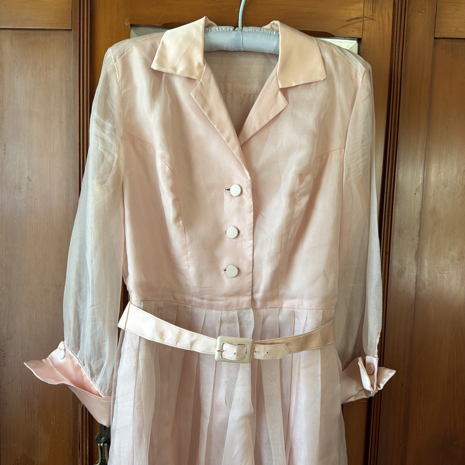 Vintage 1950s Elinor Gay Pink Chiffon Organza Button Up Belted Party Dress