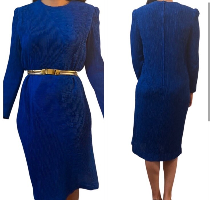 1980’s Leslie Fay Blue Long Sleeved Dress, So Glam! Made in the USA, Size 14/M/L