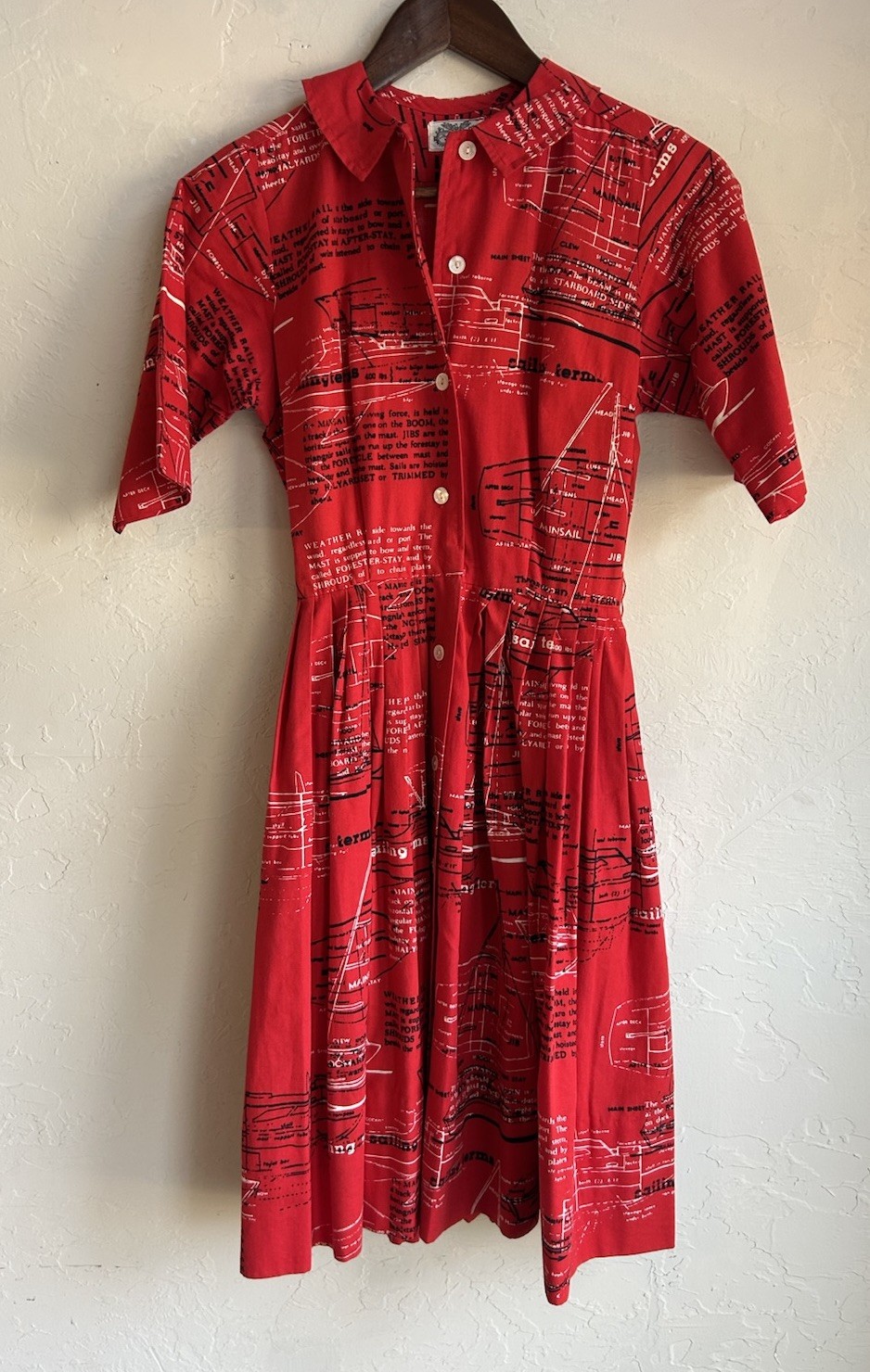 Vintage 60s Rare Villager Nautical Sailboat Blueprint Novelty Shirtwaist Dress 8