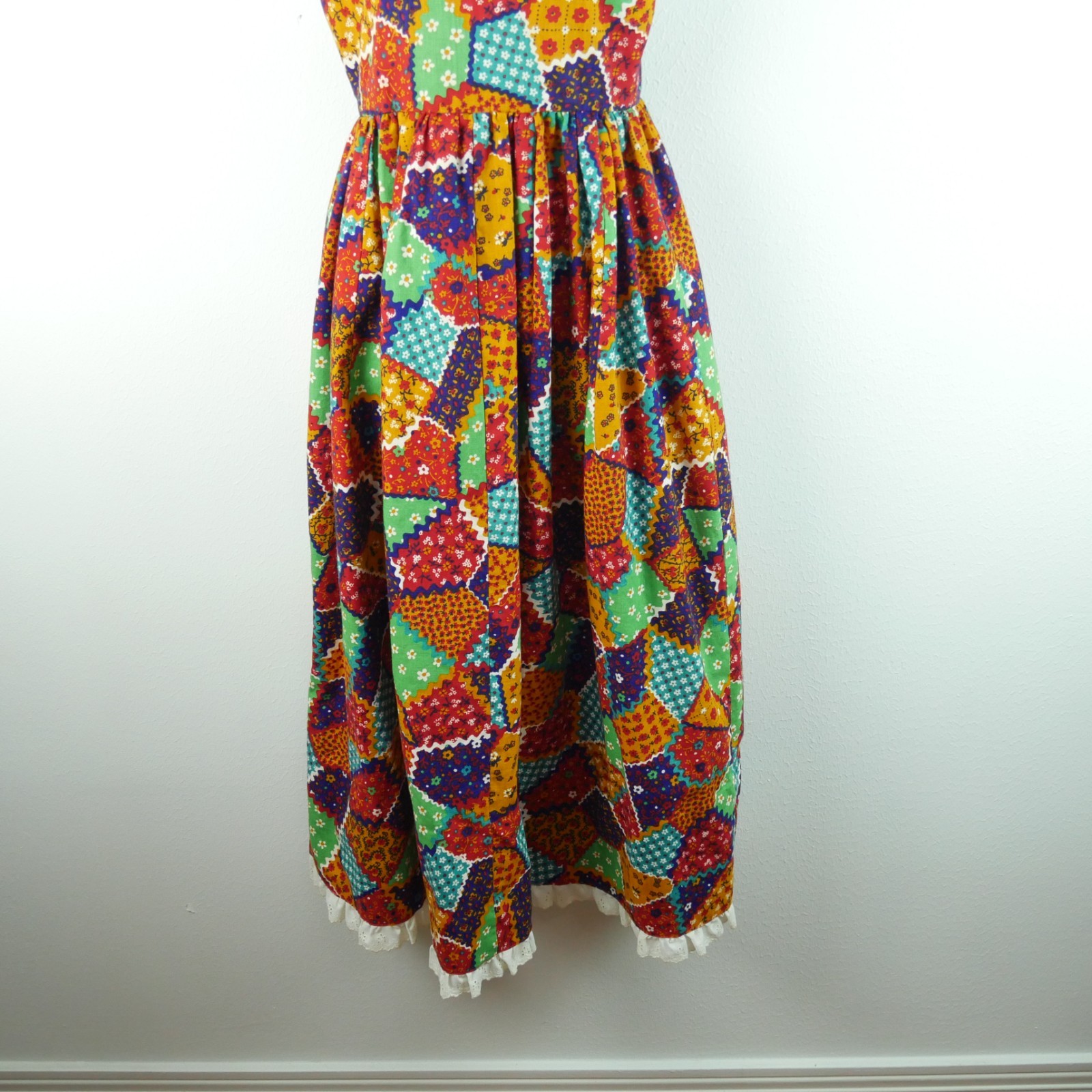 Vintage 70s Pinafore Maxi Dress Apron Patchwork XS S Cottagecore Prairie Ruffle