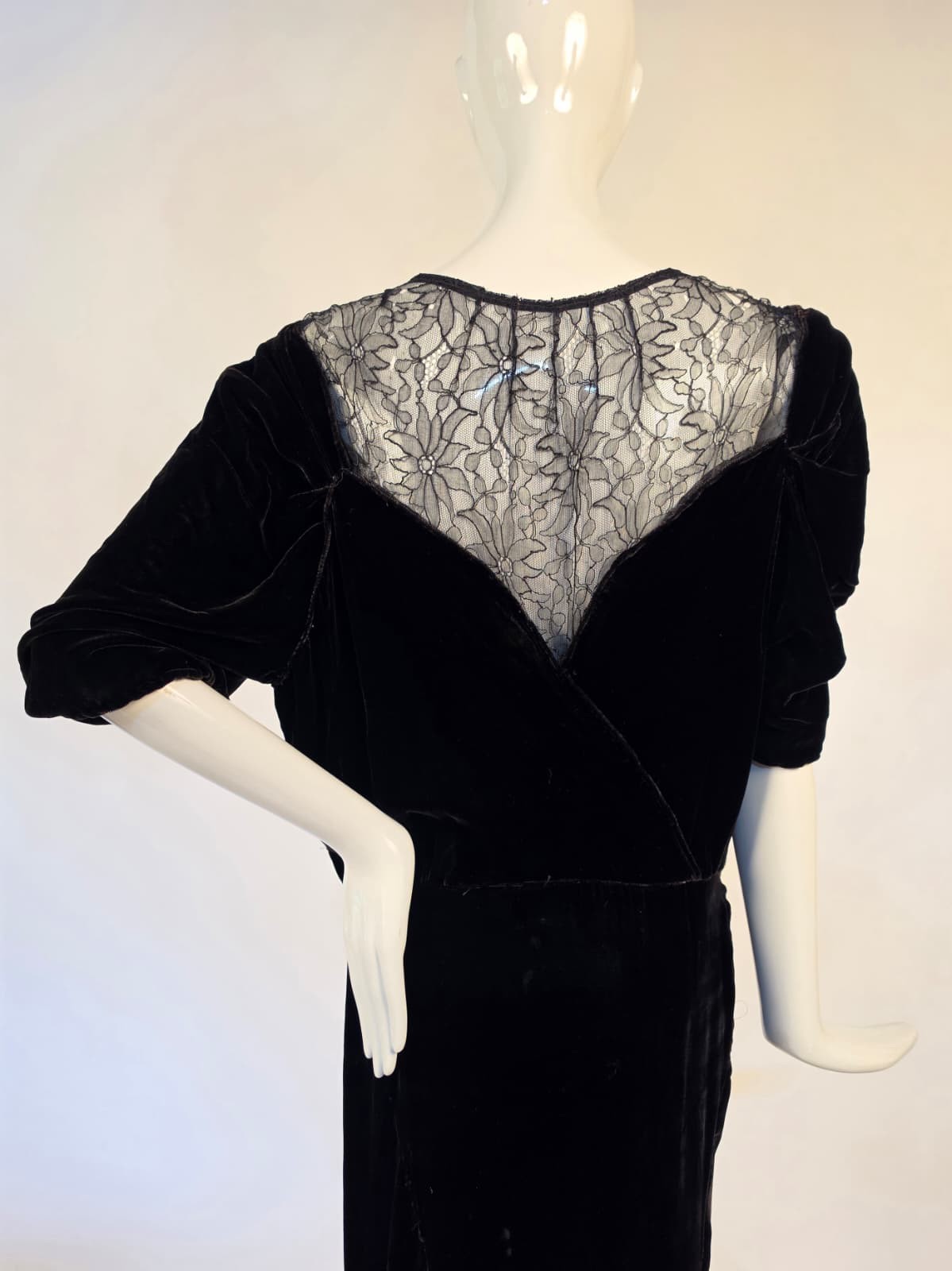 LATE 1930’S SILK VELVET LONG DRESS W LACE BACK – AS ACQUIRED