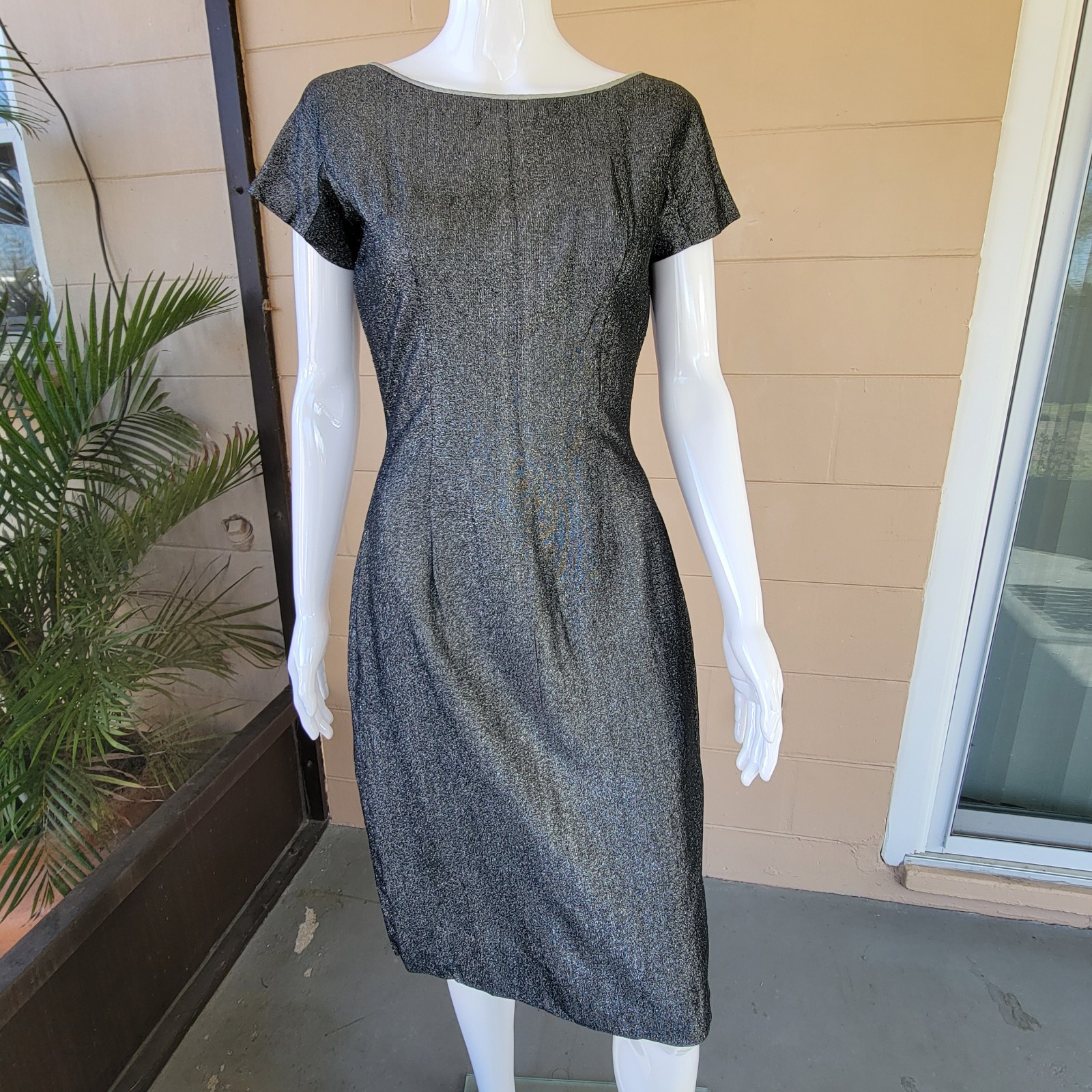 VTG 50s Parnes Feinstein Metallic Silver Dark Grey Mini Dress 4 Mid Century