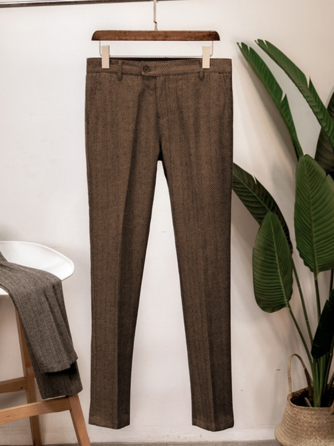 Men’s Retro Tweed Dress Pants Herringbone Wool Blend Adjustable Trousers