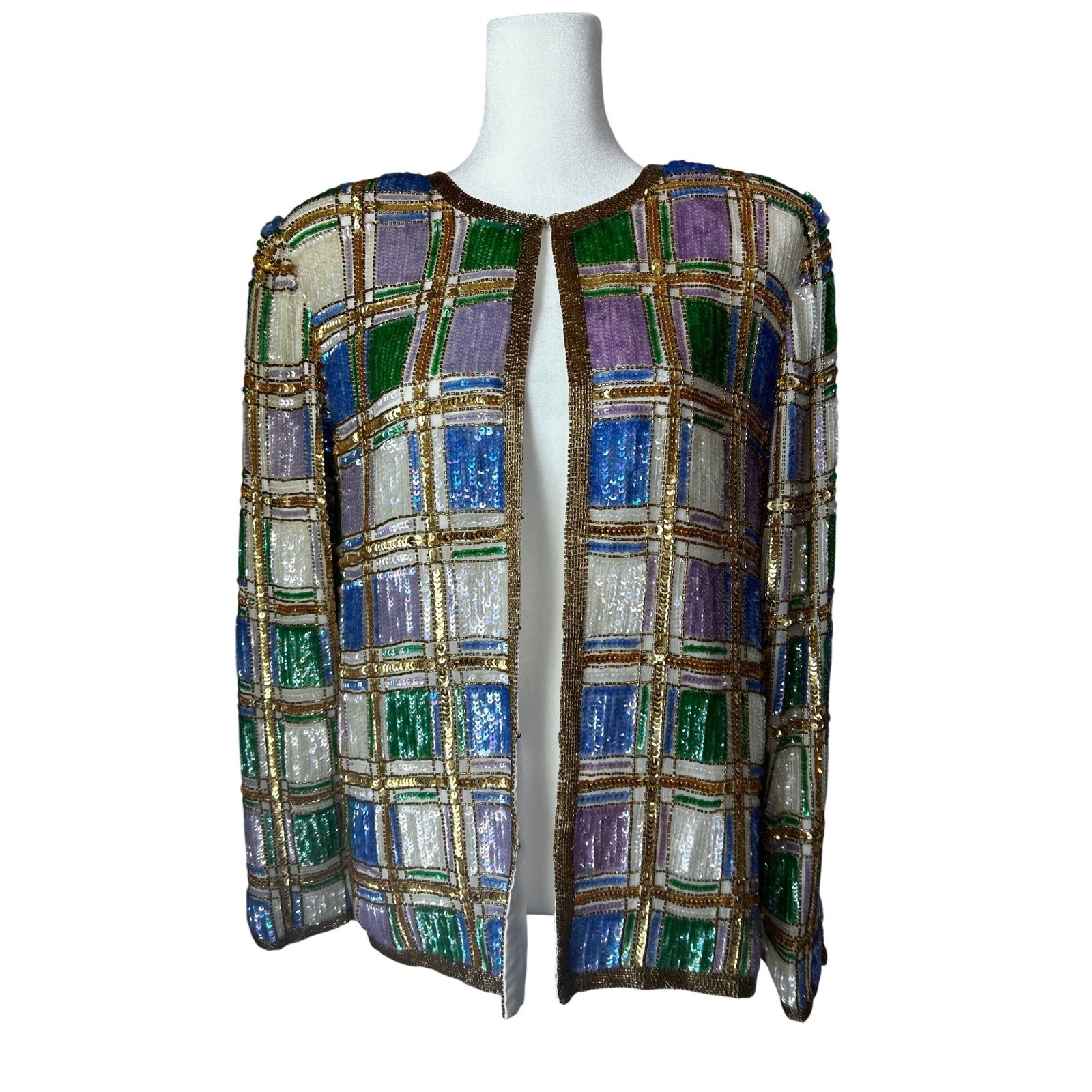 Vintage with Tags! Laurence Kazar Silk Sequin Beaded Plaid Jacket Medium Large