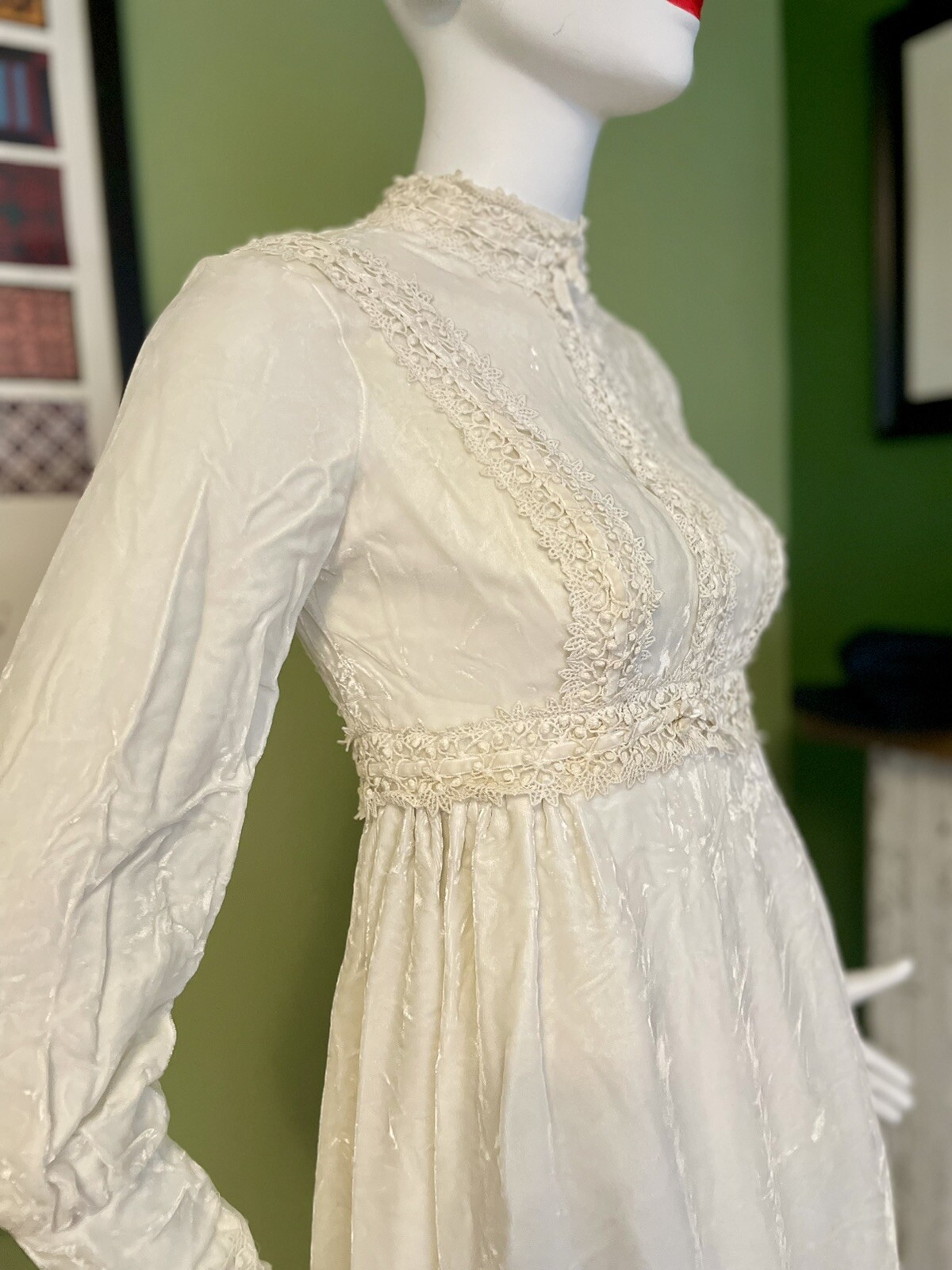 Vtg 60s Ecru BRIDGERTON Whimsy Wedding Prom Party Dress Lux Crochet 36 S/M USA