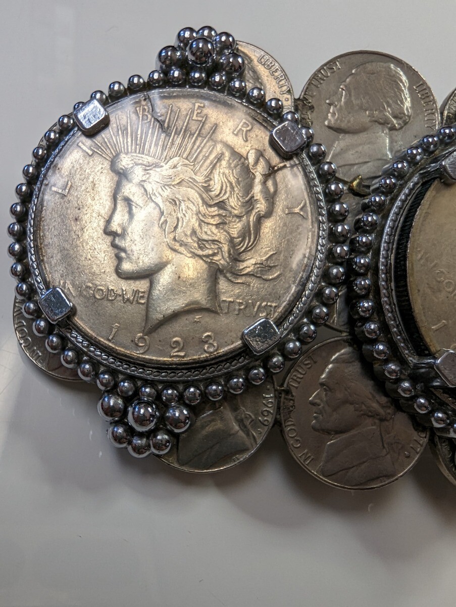 Silver Peace Dollar Belt Buckle and Leather Belt with Silver Accents 40 Inches