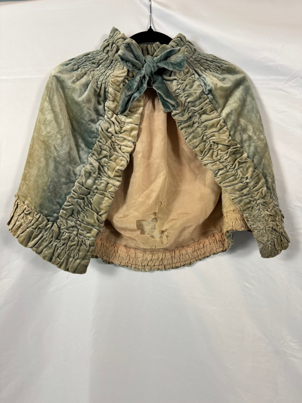 Antique Victorian Silk Velvet Capelet Sage Seafoam Ruched Peach Lining