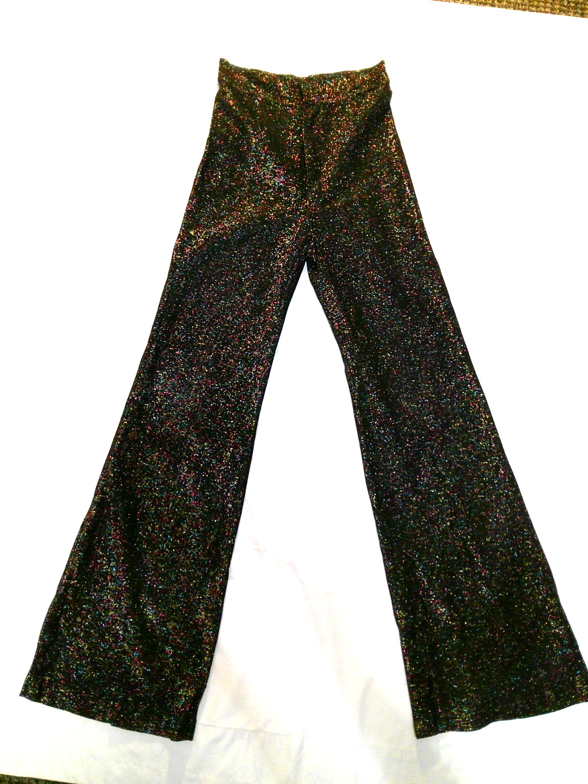 TRUE Vtg 70s GLITTER GLAM ROCK Black & Rainbow Color LUREX Flare Bell Pants XXS