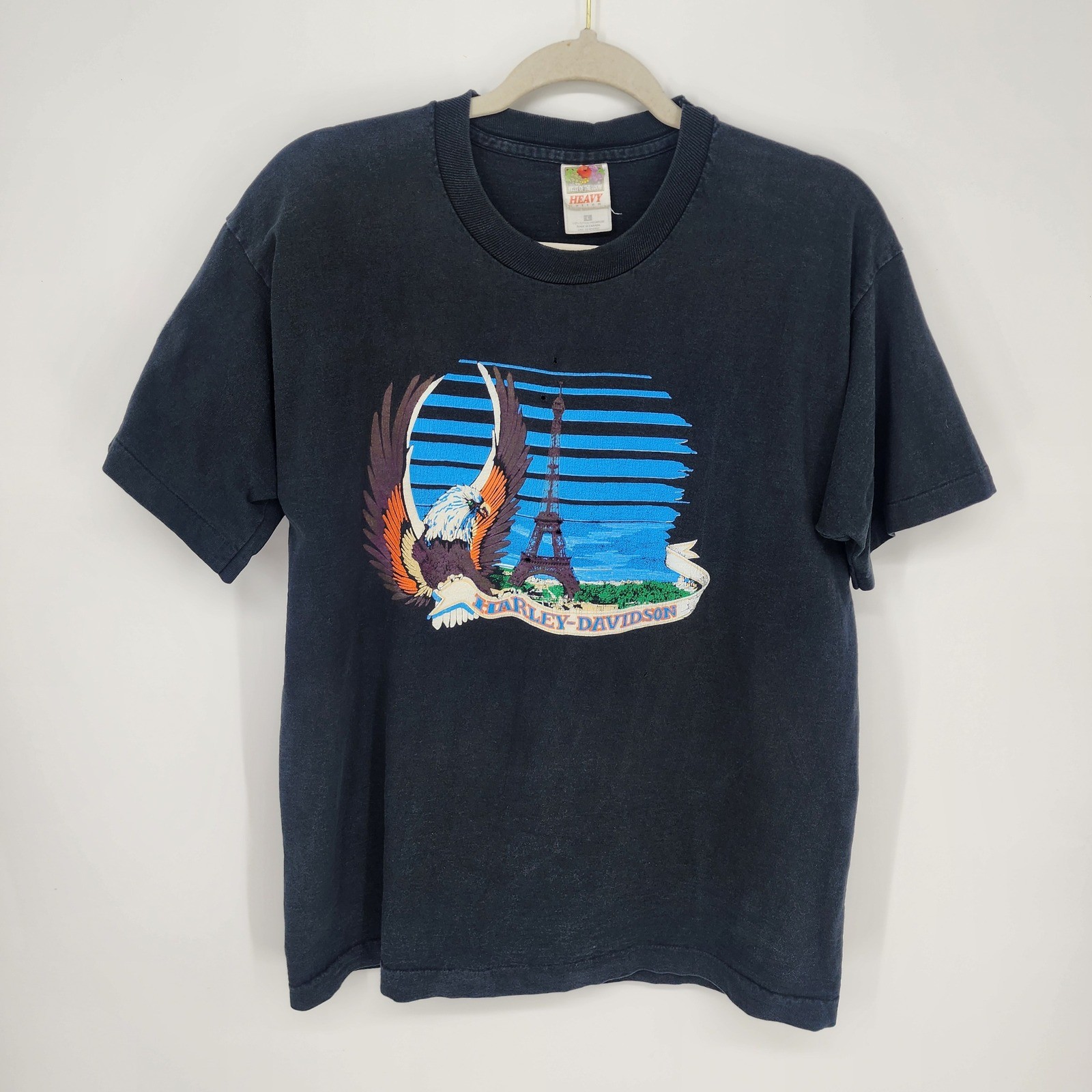 Harley Davidson Vintage 90s Paris France T-Shirt L Black Thrashed Single Stitch