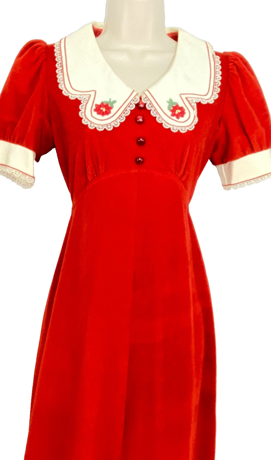 Vintage 1970s red velvet maxi dress XS short puffed sleeves white lace collar