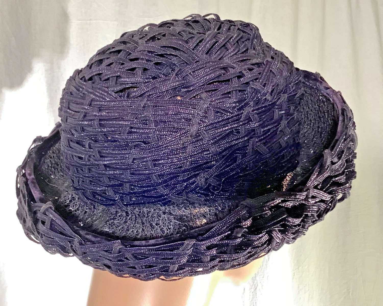 Vintage navy Day hat 50s basketweave Synthetic straw Roll brim Rockabilly church