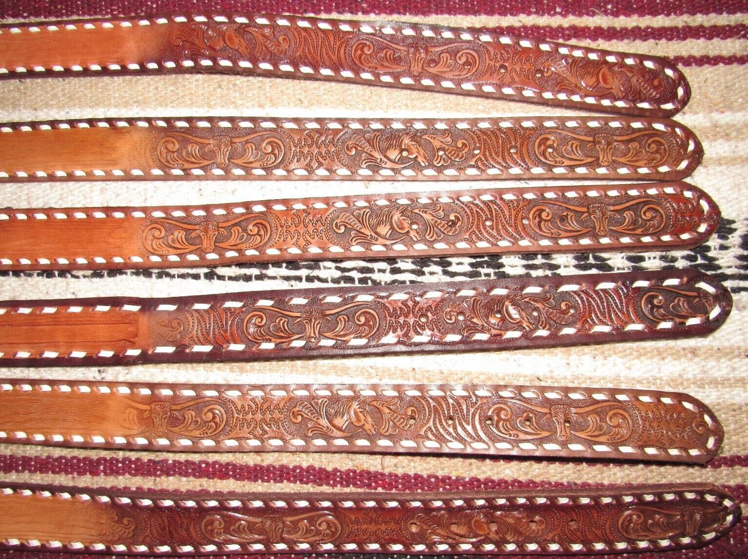 VTG Western C&M Co Buckstitch Tooled (Embossed) Leather Belts 6 pc Size 28 NEW