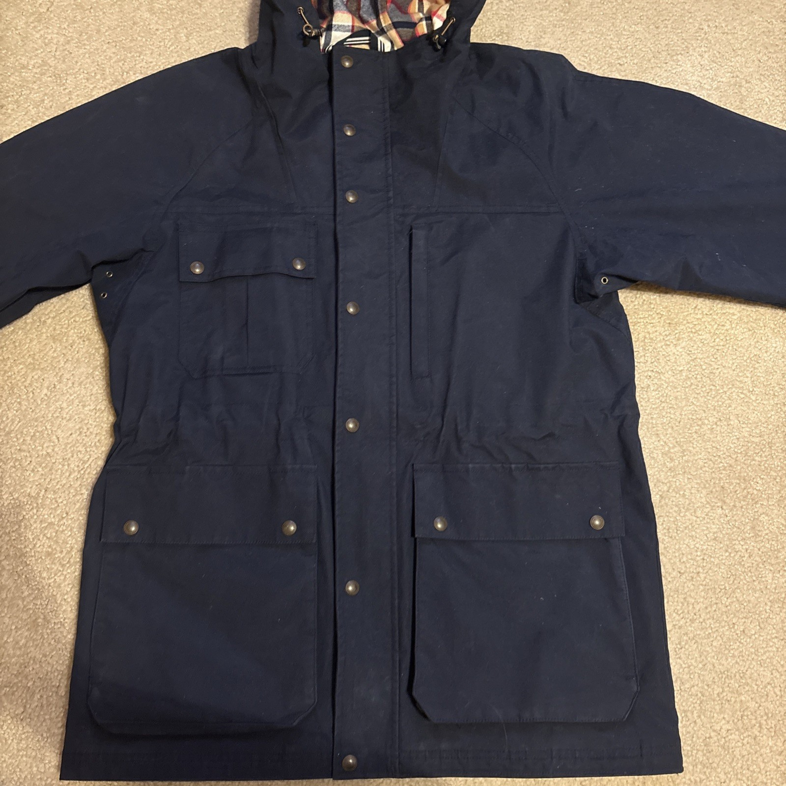Navy Hood Mens Lands End Medium Vtg Squall Slicker Waterproof Lined Rain Coat