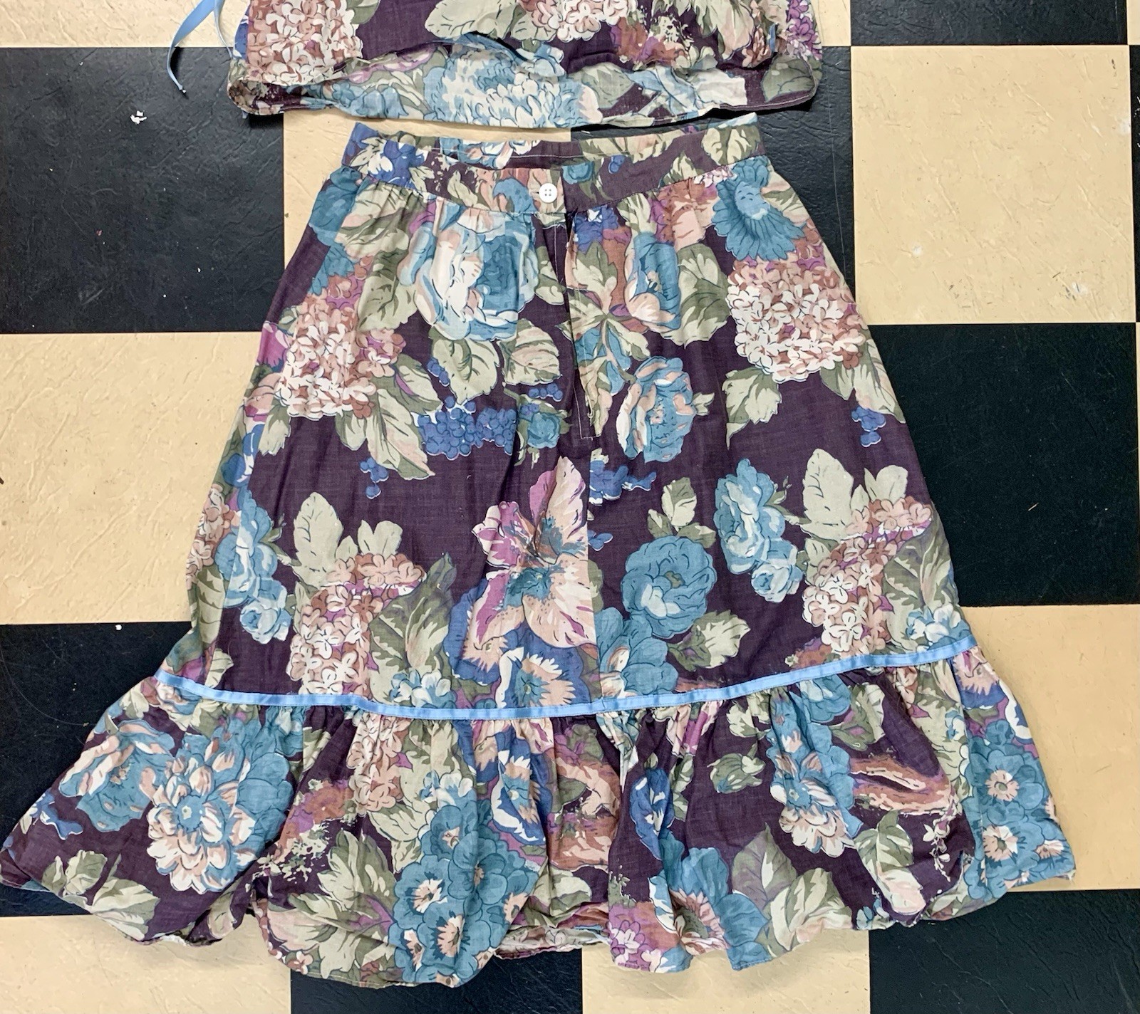 Vintage Neusteters Floral Top And Skirt Combo Satin Ribbon High Waisted Small.