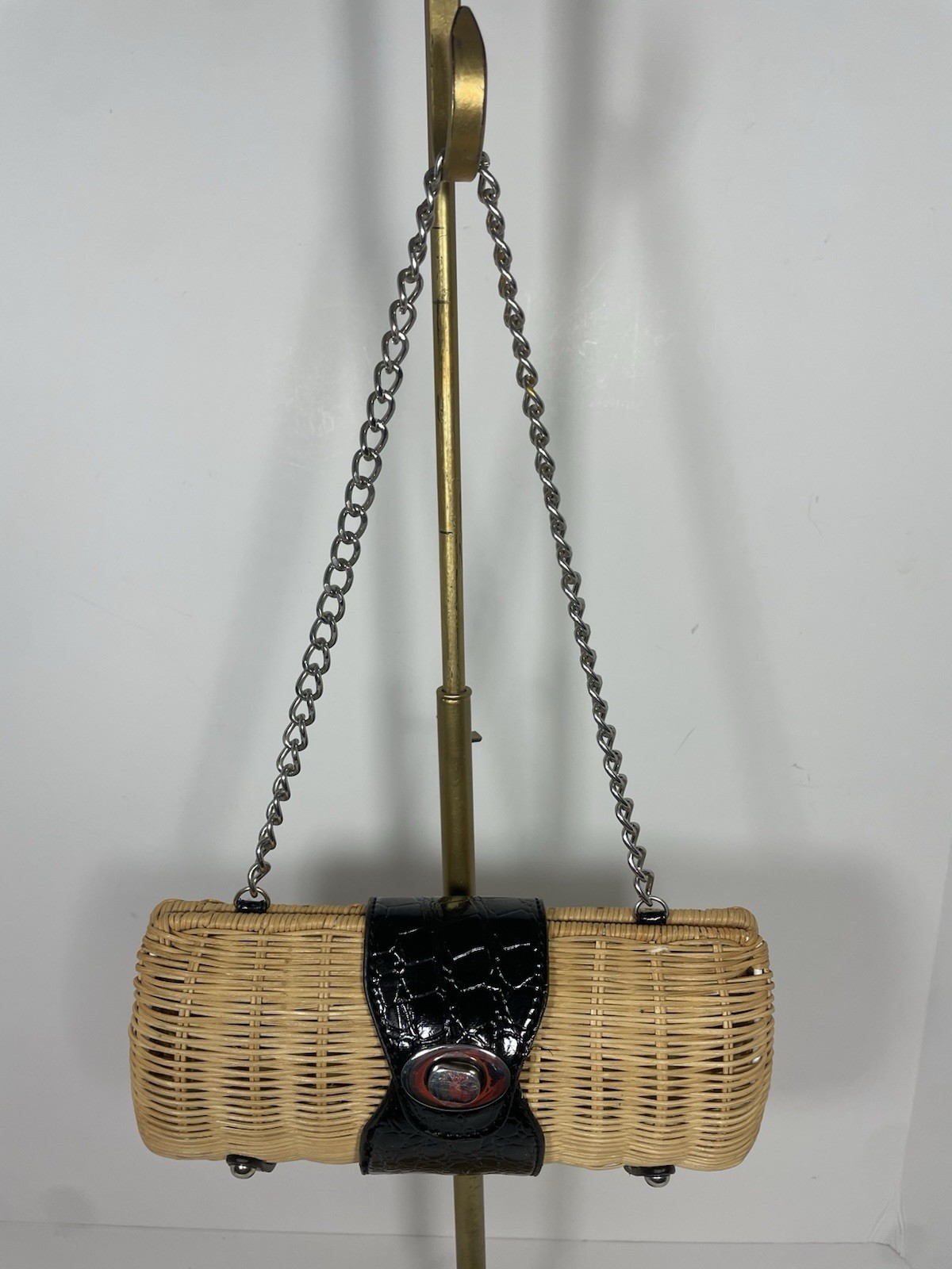 Vintage Straw Clutch Natural W Black & Silver Hardware Purse Bag w chain