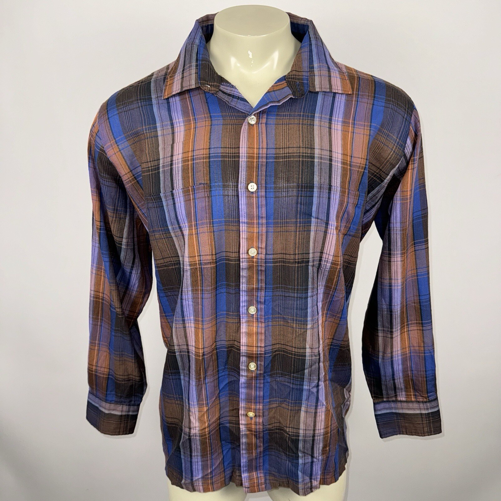 Vtg Sovereign Button Up Shirt Mens 2XL Square Bottom Plaid 60s 70s MCM Mod XXL