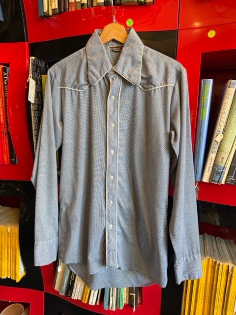 Vintage 1950s Shirt Cowboy Gingham Blue White Woven Button Up Rockabilly M