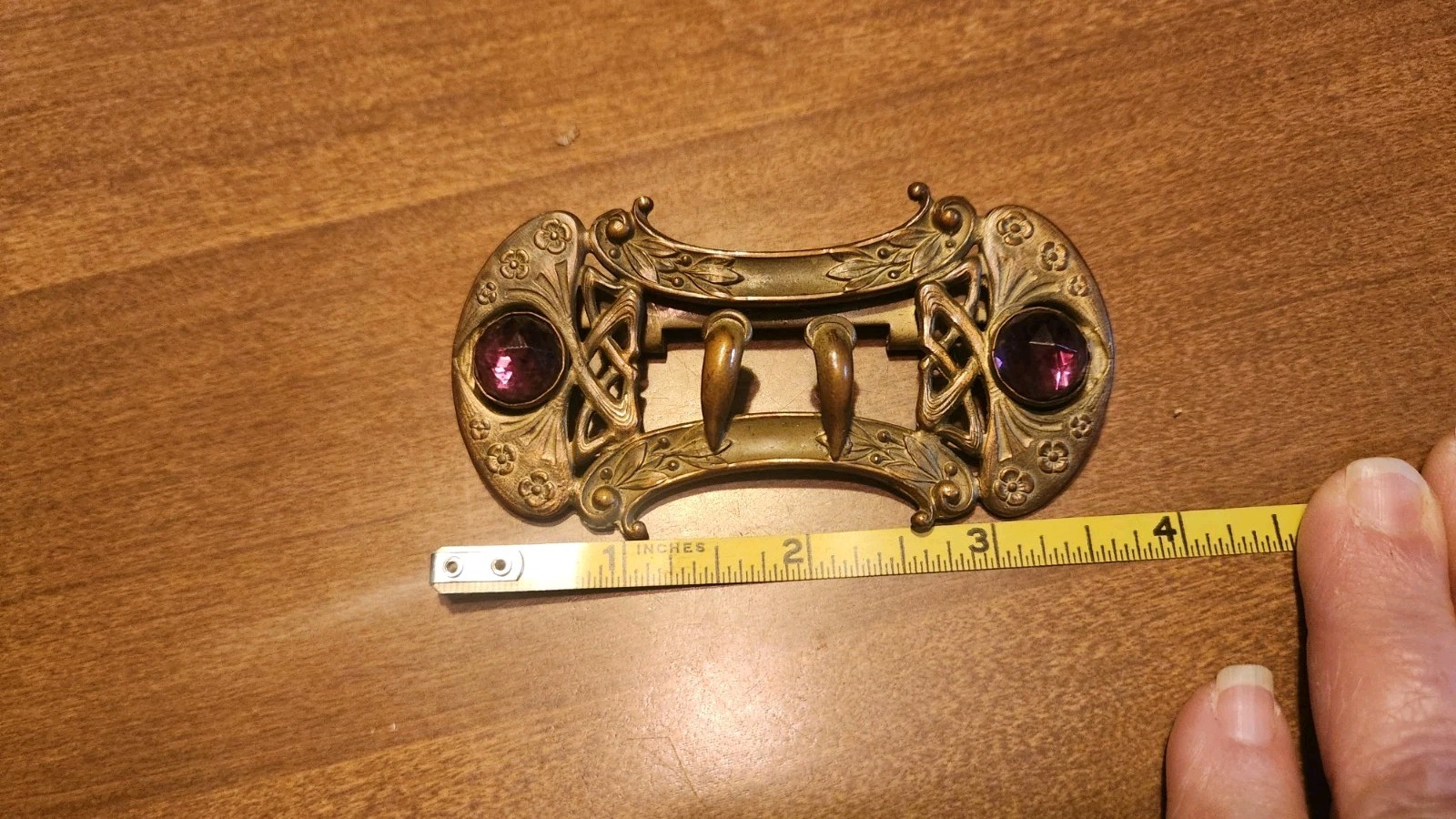 Antique Gold Tone Art Nouveau Belt Buckle w/ Purple Stones