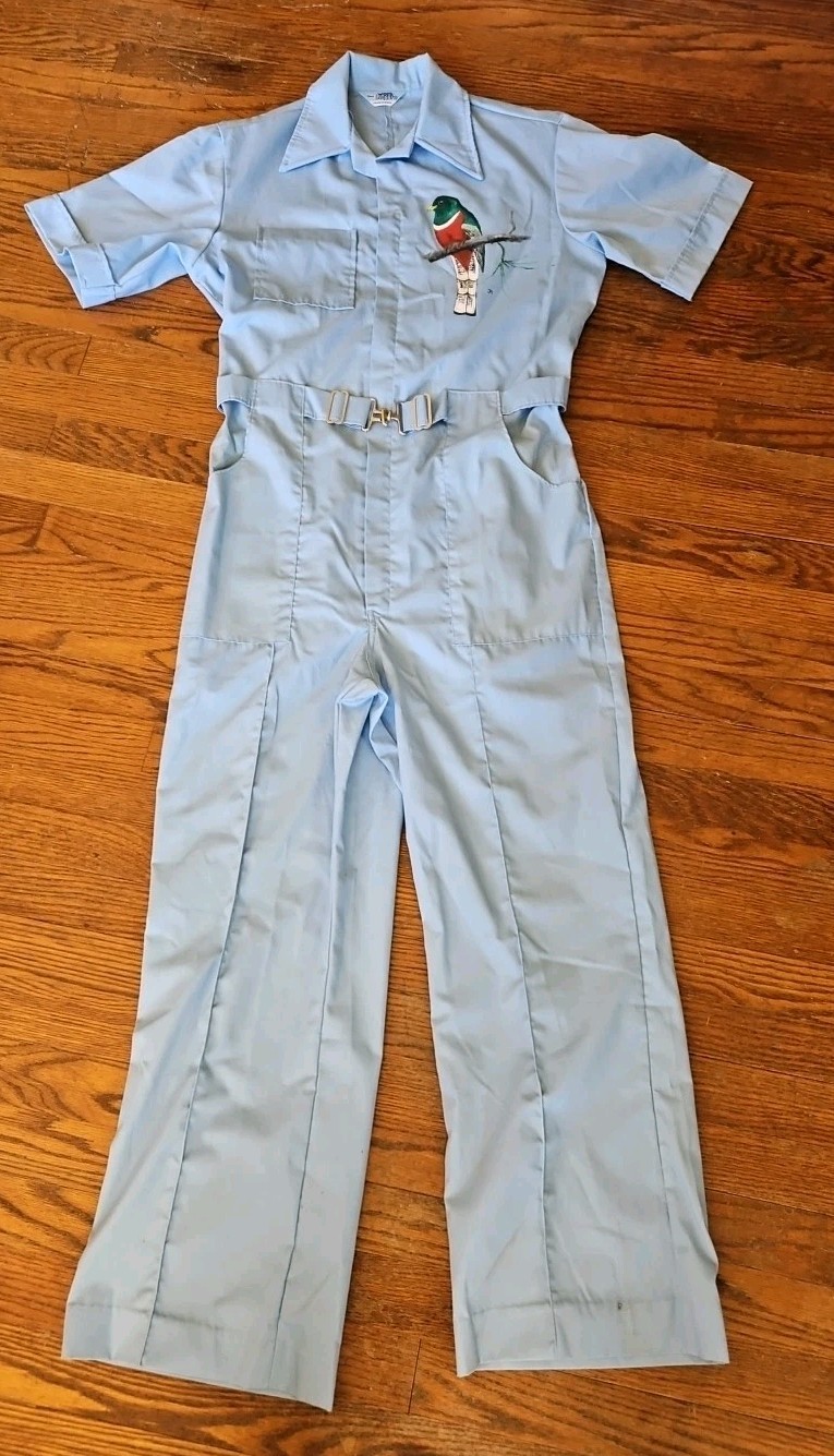 Vtg 70s Sears Work Leisure Blue Jumpsuit Coveralls With Painted Bird 40″ Chest
