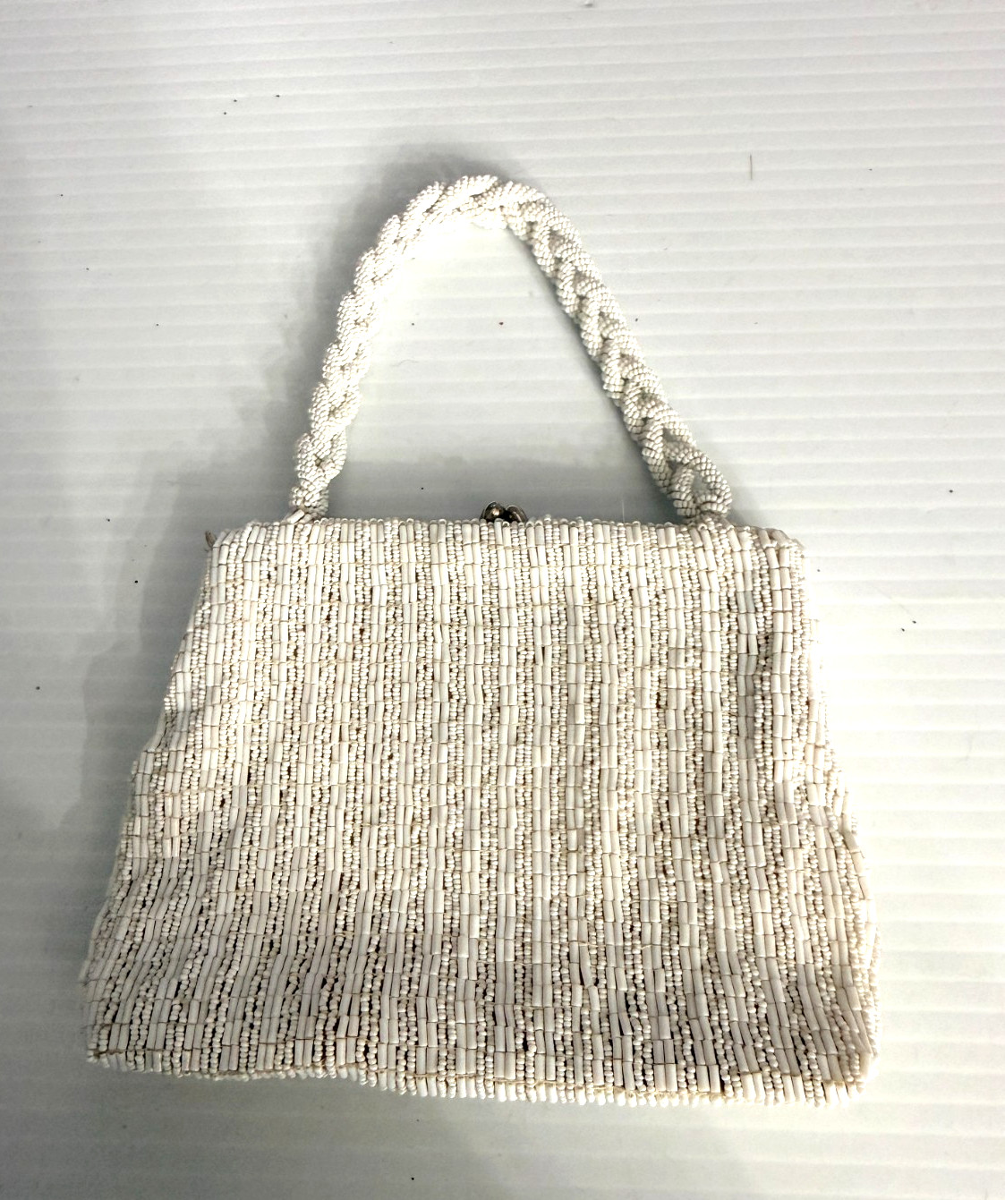 Vintage 1950s Czech Beaded Handbag White Glass Evening Purse Czechoslovakia
