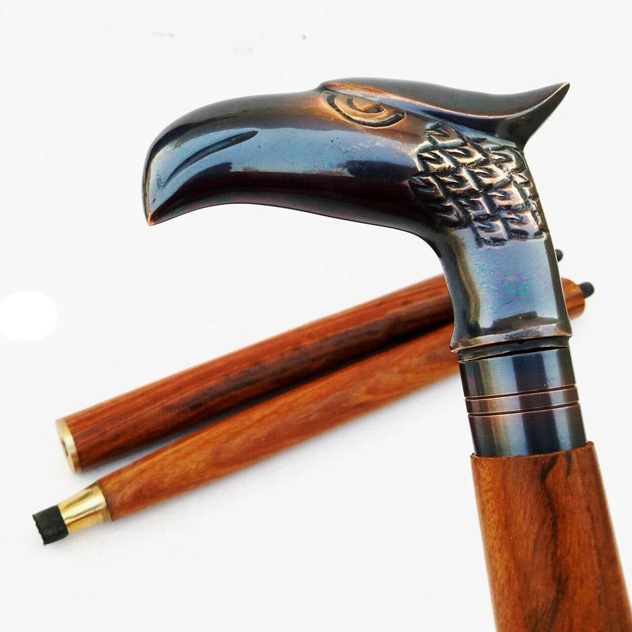 Antique Finish Brass Eagle Head Walking Stick | 3-Piece Wooden Cane Handmade